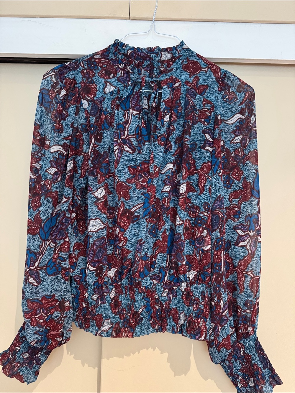 Floral Long-Sleeve Smocked Neck Blouse - Blue & Burgundy